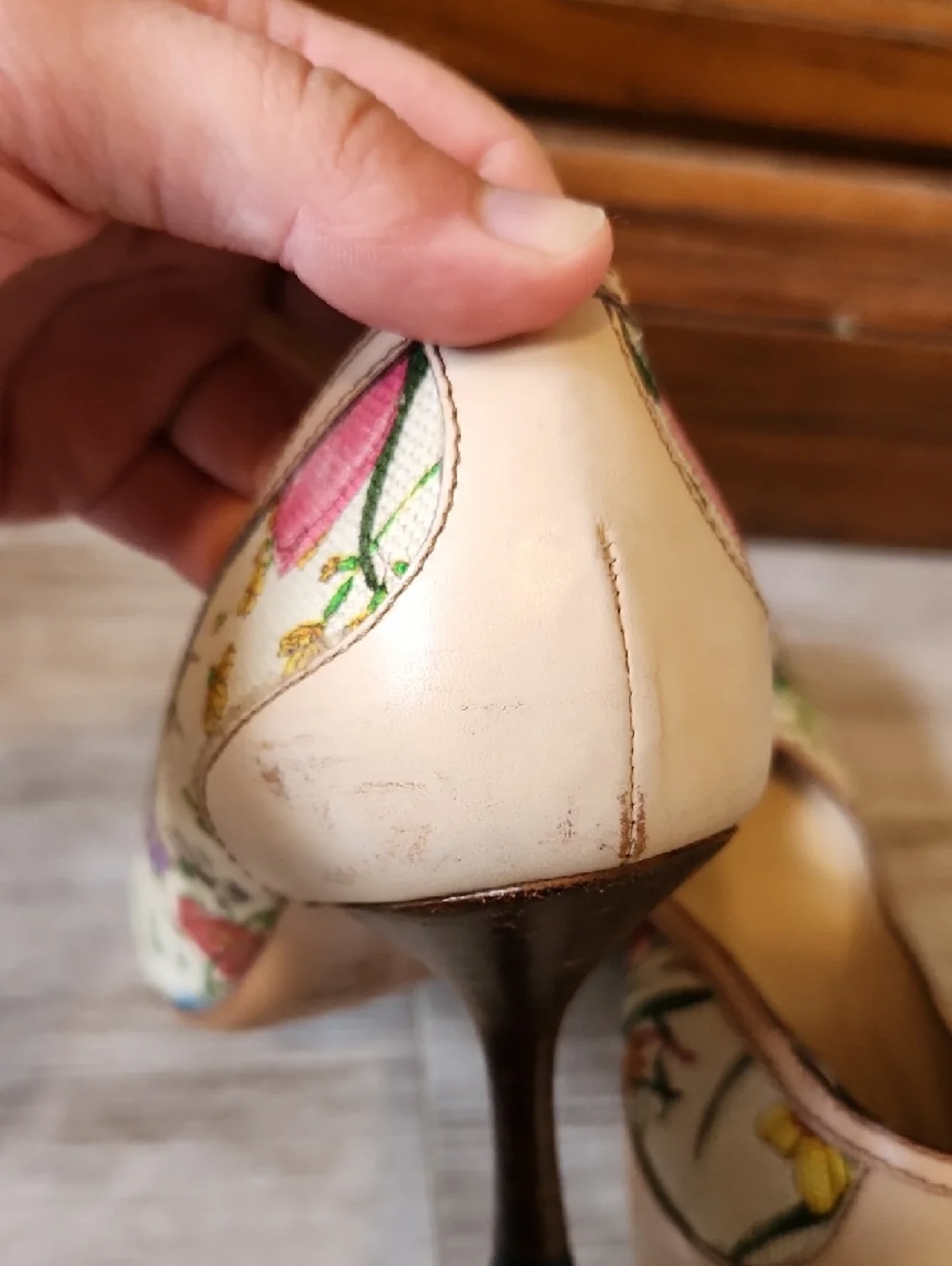 Gucci Floral Embroidered Pumps in Cream with Pink & Green Accents - Picture 7 of 11